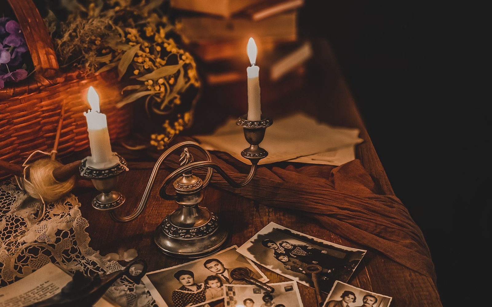Family photographs and keepsakes arranged in a warm home